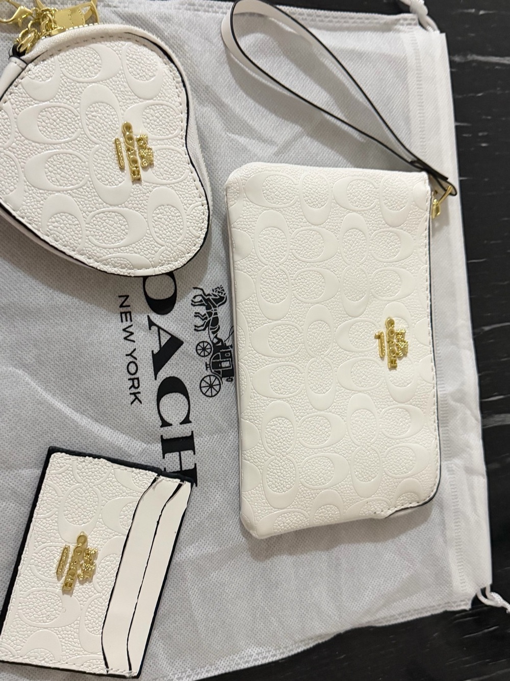 Coach White Signature Embossed Wristlet and Card Case Set